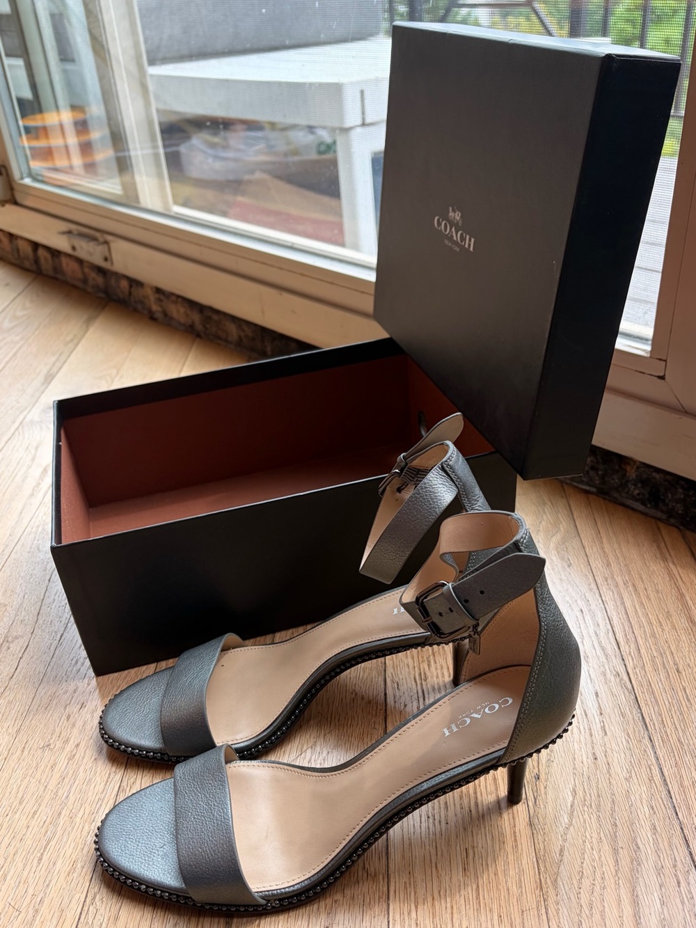 Coach Maude Metallic Soft Mill Gunmetal Leather Ankle-Strap Heels - Picture 8 of 10